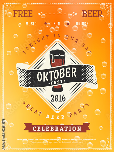 Oktoberfest poster design template, beer texture with bubbles and logo. Beer festival background