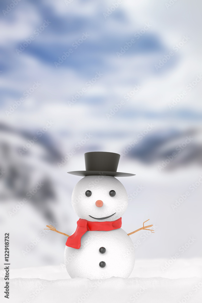 Fototapeta premium smiling snowman 3d rendered on snow mountain background