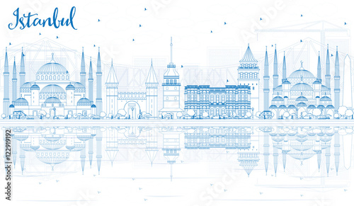 Outline Istanbul Skyline with Blue Landmarks and Reflections.