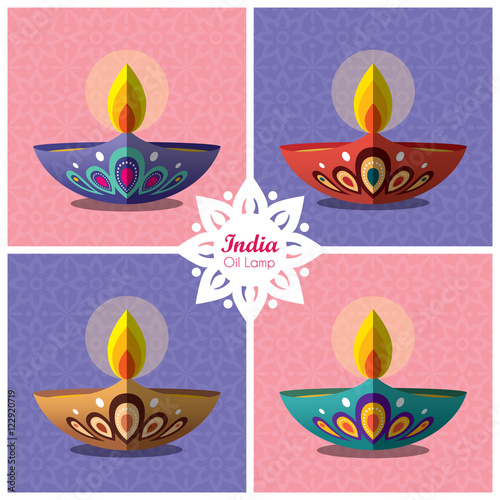 Set of beautiful flat design burning diya (india oil lamp) with decorative pattern background. Diwali or Deepavali oil lamp collection. Festival of Lights icon vector illustration.