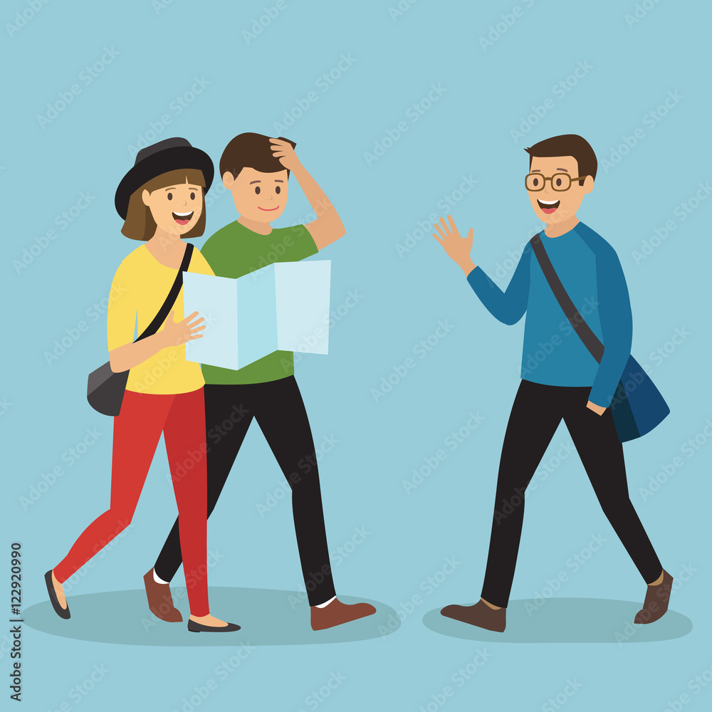 Obraz premium Young Tourist Couples Asking a Man for Direction