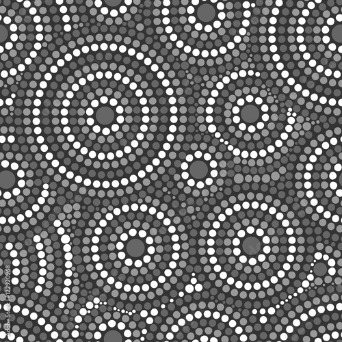 White black dot pattern vector seamless. Aboriginal australian print with concentric abstract circles. Ethnic ornament for fabric, surface design, wrapping paper or template.