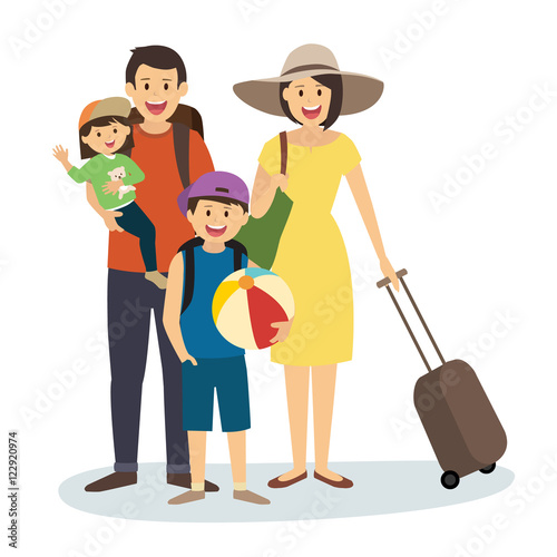 Happy Family on Summer Vacation with Suitcase