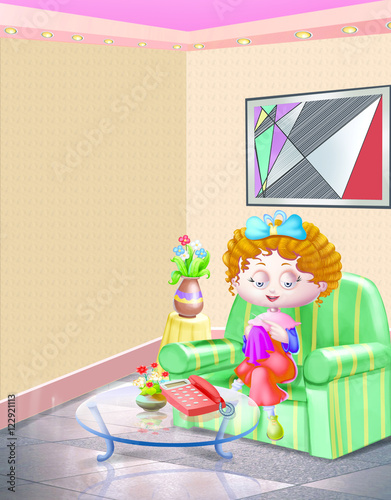 Curly haired lady on sofa