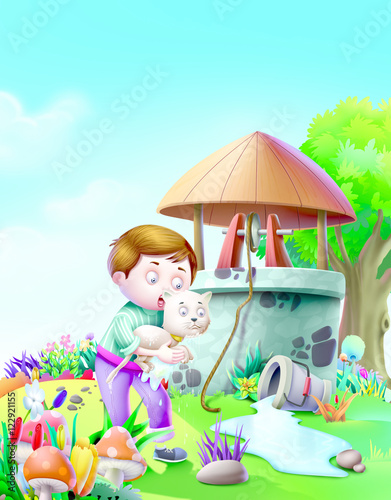 Boy with a cat near well