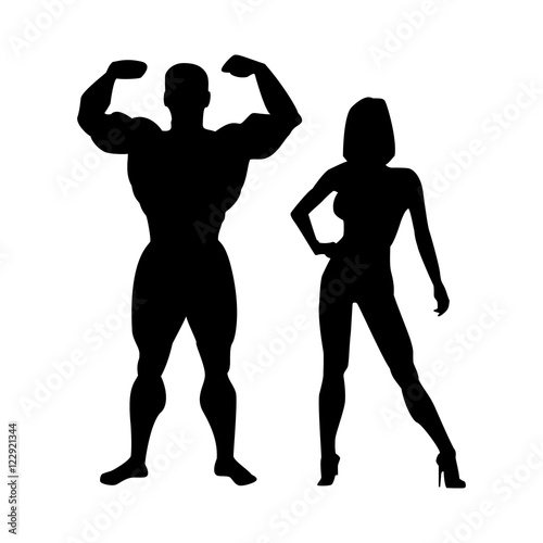 Female and male silhouettes athletes. Poses bodybuilders and fitnes bikini.
