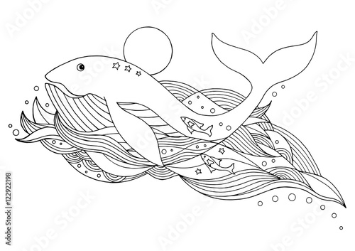 cute whale swimming in the sea, ocean, vector hand drawn design