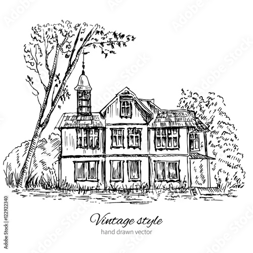 Old wooden house in wood, Europe, Vector illustration isolated on white, hand drawn ink sketch, Historical building line art, Vintage travel postcard template with european mansion, book illustration