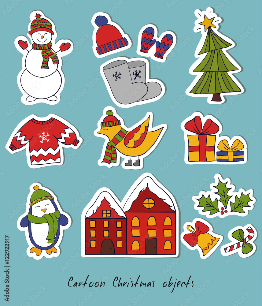 Cartoon christmas set. Vector illustration with snowman, christmas tree and birds.