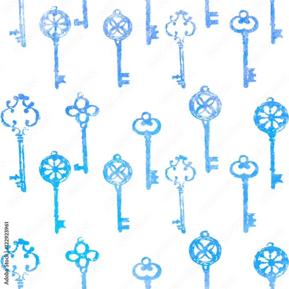 Different watercolor blue key hand drawn illustration isolated on white, seamless vector pattern, decorative background, designed texture, ornament for greeting card, package, wallpaper, invitation Different watercolor blue key hand drawn illustration isolated on white, seamless vector pattern, decorative background, designed texture, ornament for greeting card, package, wallpaper, invitation