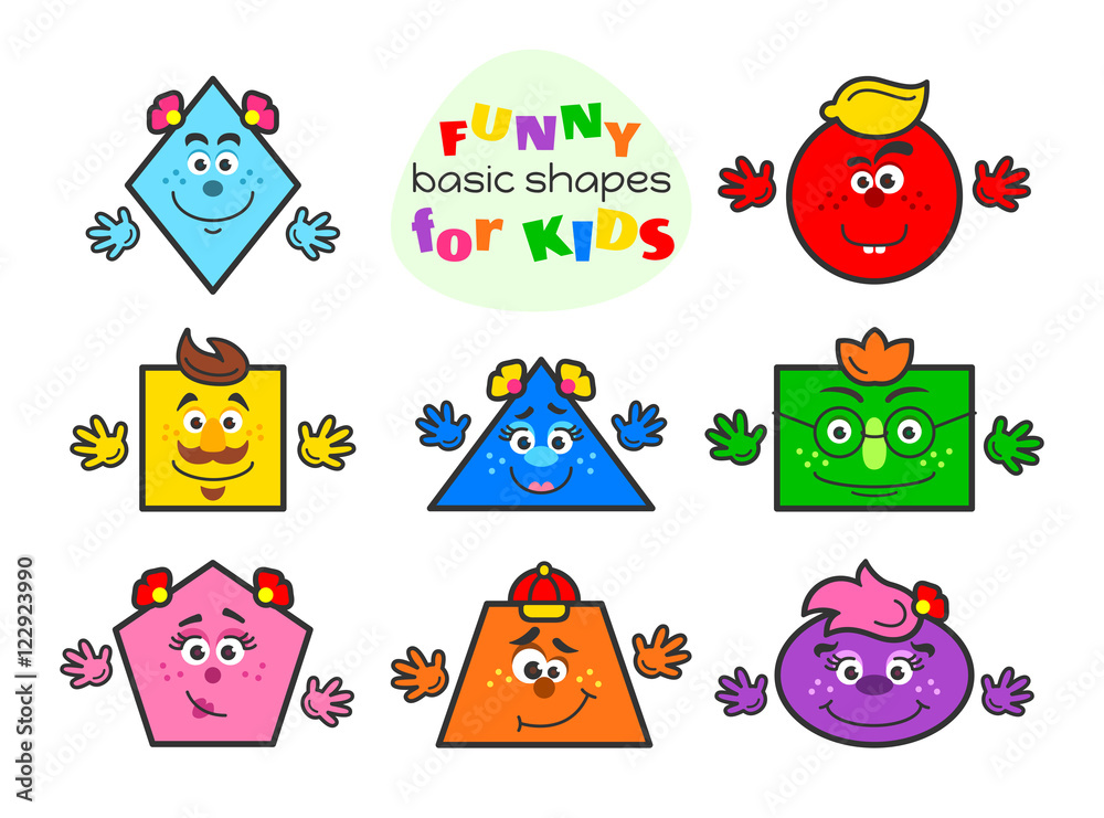Basic geometric shapes vector illustration for kids. Funny cartoon shapes  characters for preschool or primary school children with main colors: blue,  green, yellow, pink, orange, purple, red, sky blue Stock Vector |