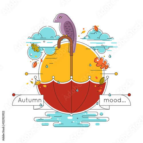 Autumn weather vector illustration in linear style. Autumn concept in outline style. Composition with the sun, clouds, bird, umbrella, leaves for your design