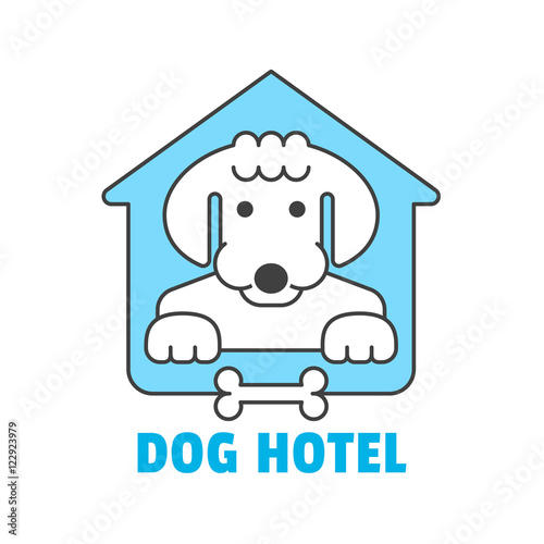 Dog hotel logo template in outline thin style for pet shop, hotel, club or vet clinic design. Cute dog resting in hotel vector icon. Easy to use and edit. Dog face minimalistic symbol