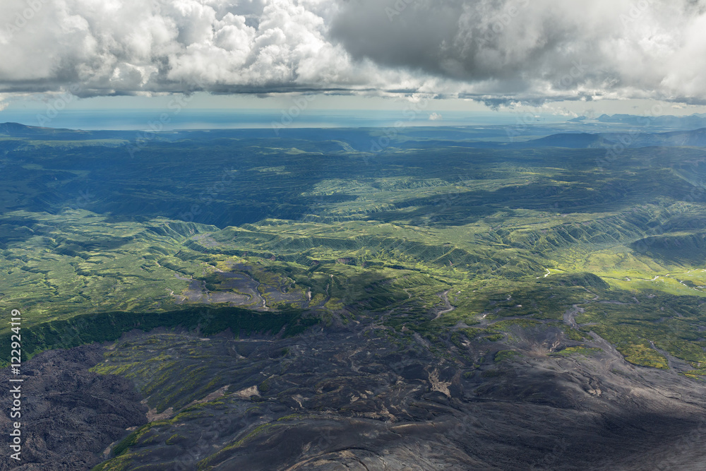 Kronotsky Nature Reserve on Kamchatka Peninsula. View from helicopter.