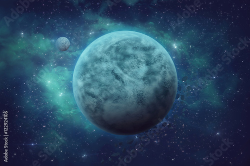 Fototapeta Naklejka Na Ścianę i Meble -  Space illustration. Dead planet. Cosmos objects in blue colors. Beautiful nebula of space.
