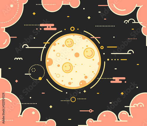 Moon planet with the clouds thin outline vector illustration on dark background. Space landscape with full moon in night sky with pink clouds and stars. Moon symbol in outline style