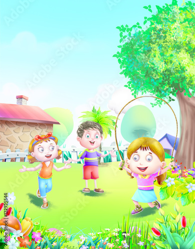 Kids hopping in garden