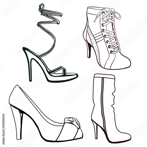 women stylish high heels shoes outline set
