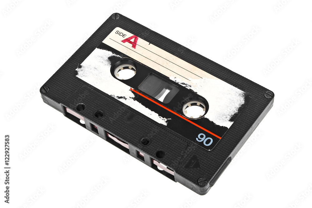 Close up of vintage audio tape cassette isolated on a white back