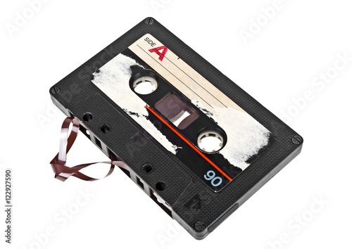 Close up of vintage audio tape cassette isolated on a white back