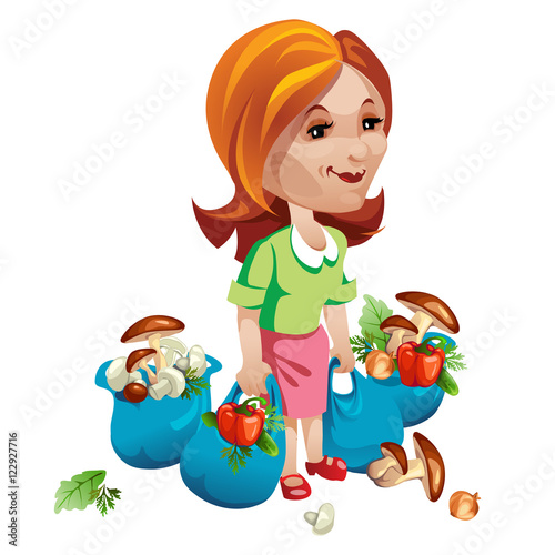 Woman buyer with vegetables and mushrooms. Vector