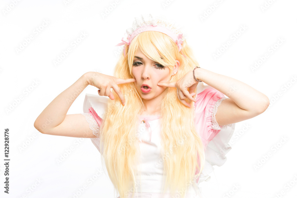 characterized maid manga girl makeup gesticulating in the studio