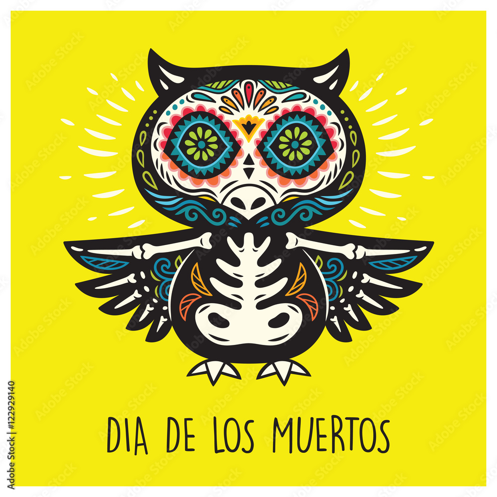 Dia De Los Muertos. Greeting card with sugar skull owls.