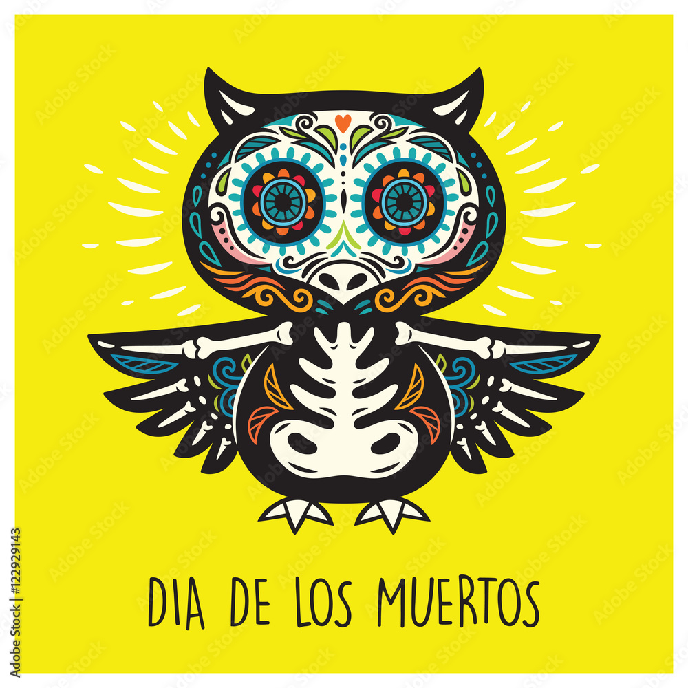 Fototapeta premium Dia De Los Muertos. Greeting card with sugar skull owls.