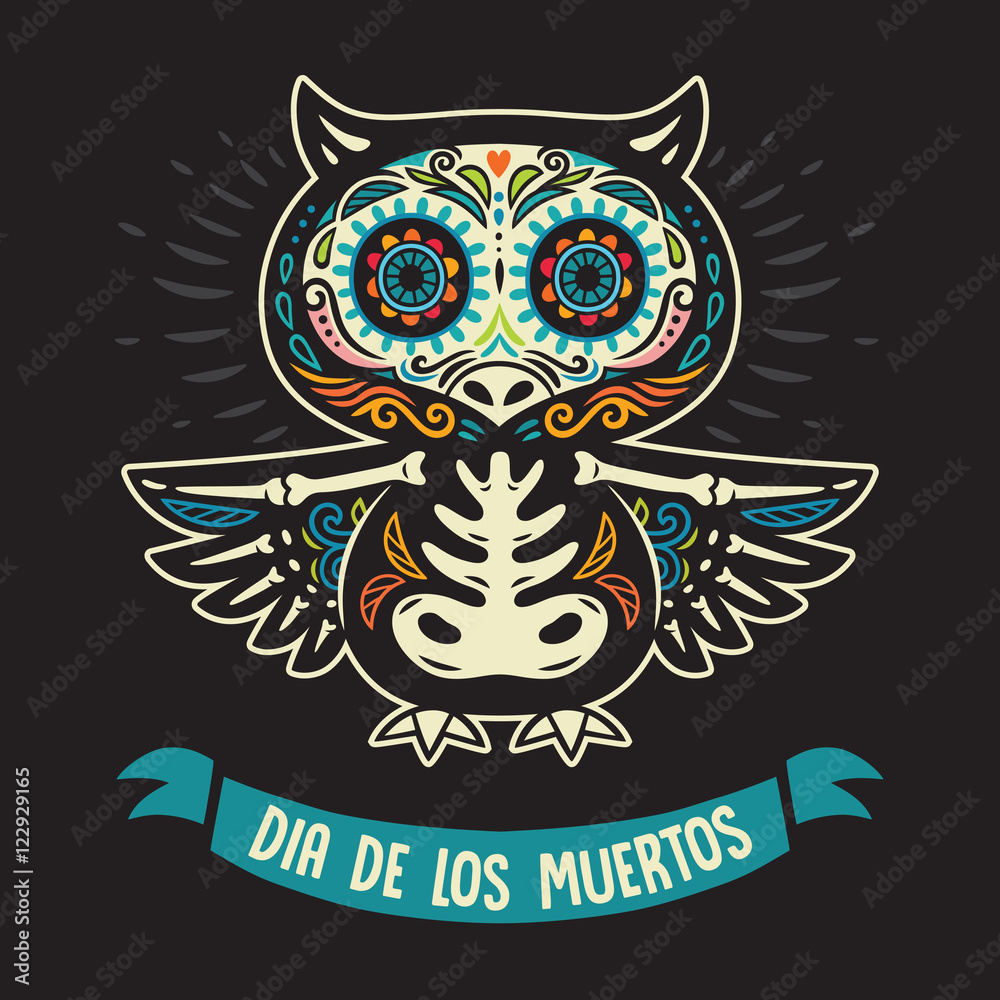 Greeting card with owl, skeletons and floral ornament. Vector illustration Greeting card with owl, skeletons and floral ornament. Vector illustration