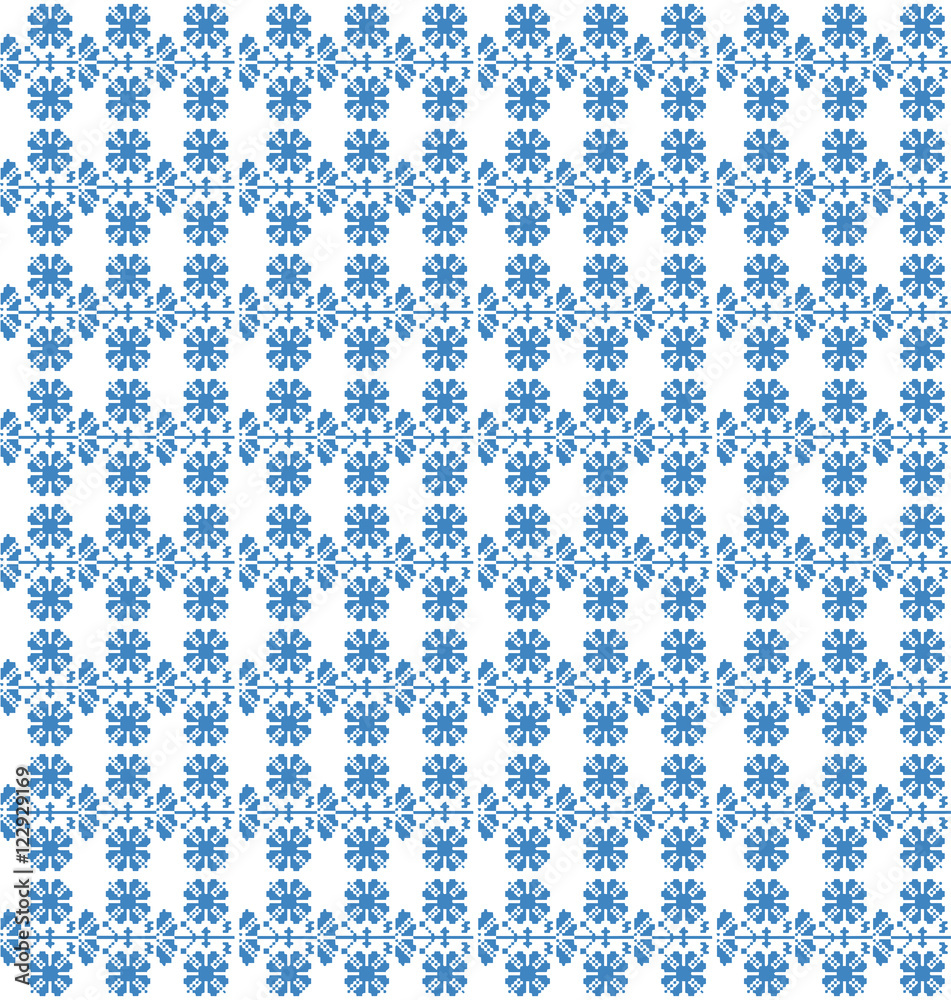 Ethnic Floral Seamless Pattern. Vintage Nordic Ornament. Retro Geometric Embroidery Swatch. Blue and White digital background vector ornament.