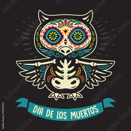 Greeting card with owl, skeletons and floral ornament. Vector illustration
