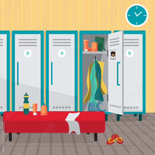 Interior of a gym locker room. Dressing place a fitness club. Ve