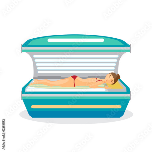 Young woman tanning in solarium. Vector flat cartoon illustratio