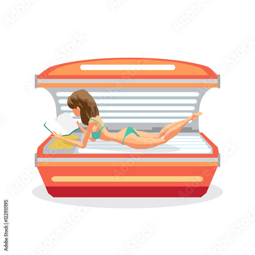 Young woman tanning in solarium and reading a book. Vector flat