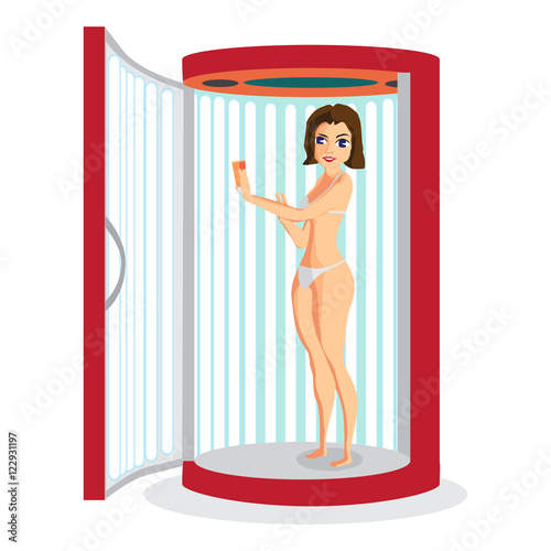 Young woman tanning in vertical solarium. Vector flat cartoon il