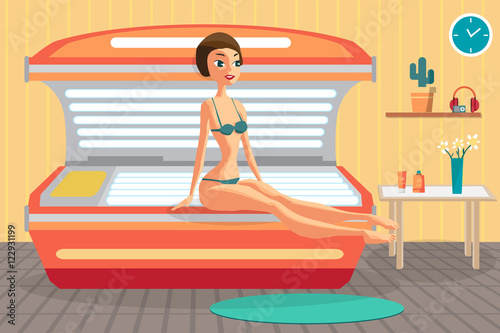 Young woman tanning in solarium in spa salon. Vector flat cartoo