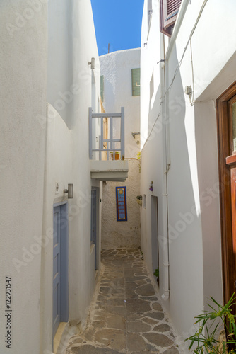 Traditional narrow street in Chora town, Naxos Island, Cyclades,