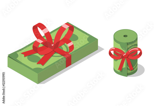 Stack and roll of banknotes tied with ribbon bow.