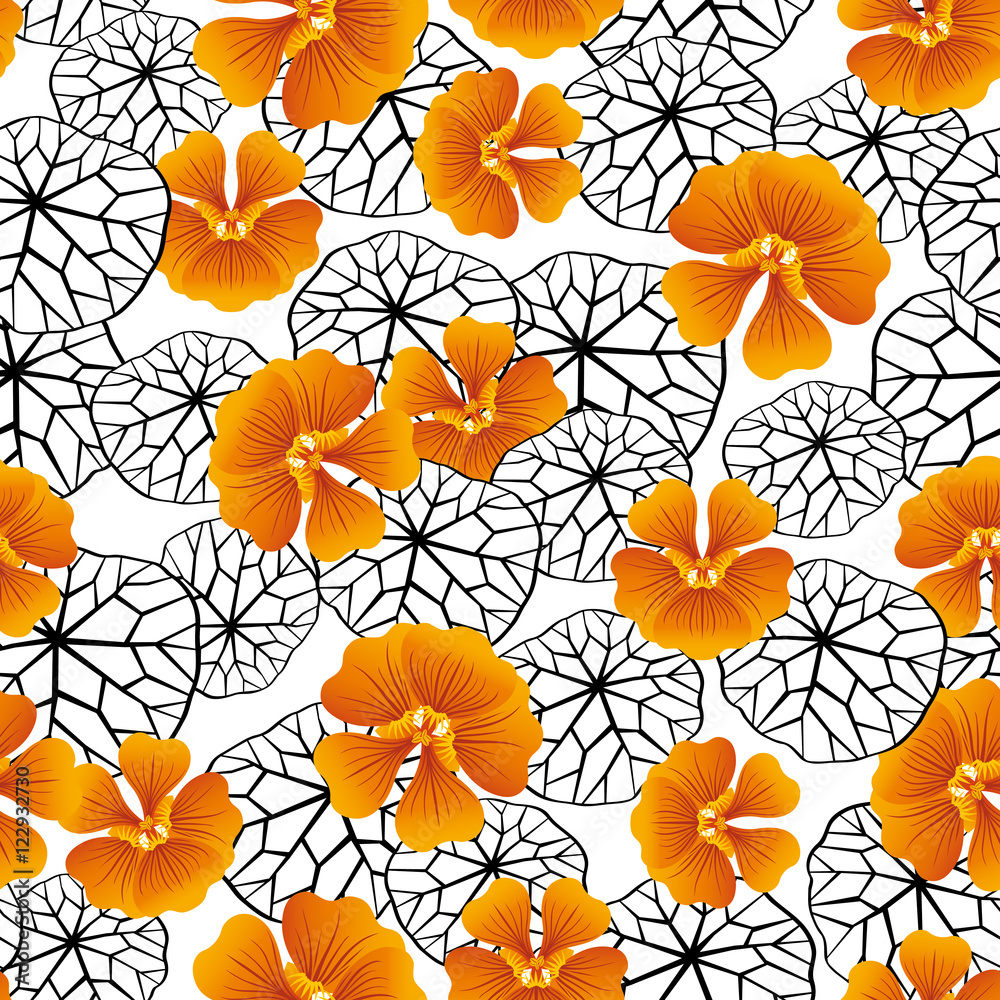 Print nasturtium geometric leaves and flowers detailed color. Pattern, seamless contrast floral vector. 
