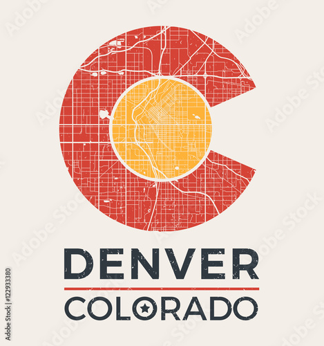 Colorado t-shirt graphic design with denver city map. Tee shirt print, typography, label, badge, emblem. Vector illustration.
