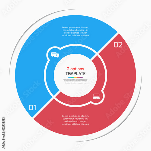 Flat style pie chart circle infographic template with 2 options, steps, parts, processes. Vector illustration.