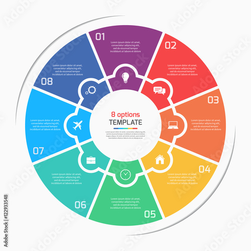 Flat style pie chart circle infographic template with 8 options, steps, parts, processes. Vector illustration.