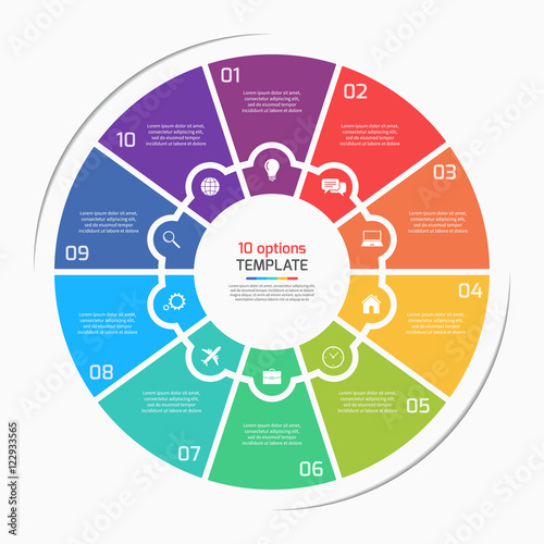Flat style pie chart circle infographic template with 10 options, steps, parts, processes. Vector illustration.