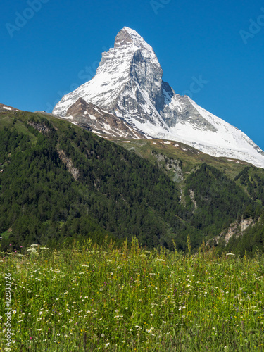 Matterhorn peak in sunny day from Zermatt, Switzerland.