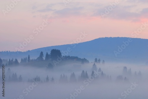 Misty morning in the Ukrainian Carpathians