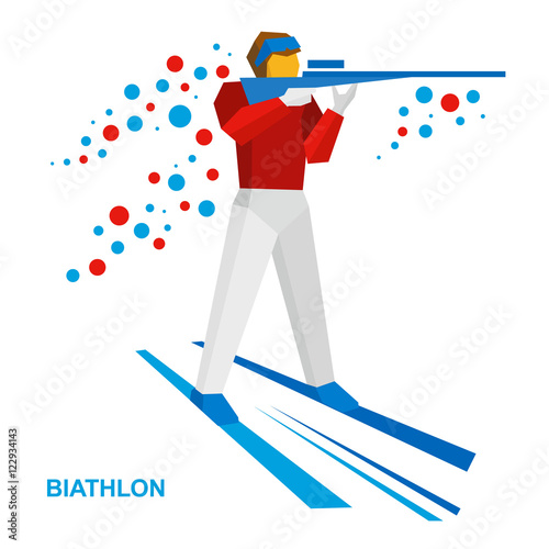 Biathlon. Cartoon biathlete shoots a rifle standing on skis