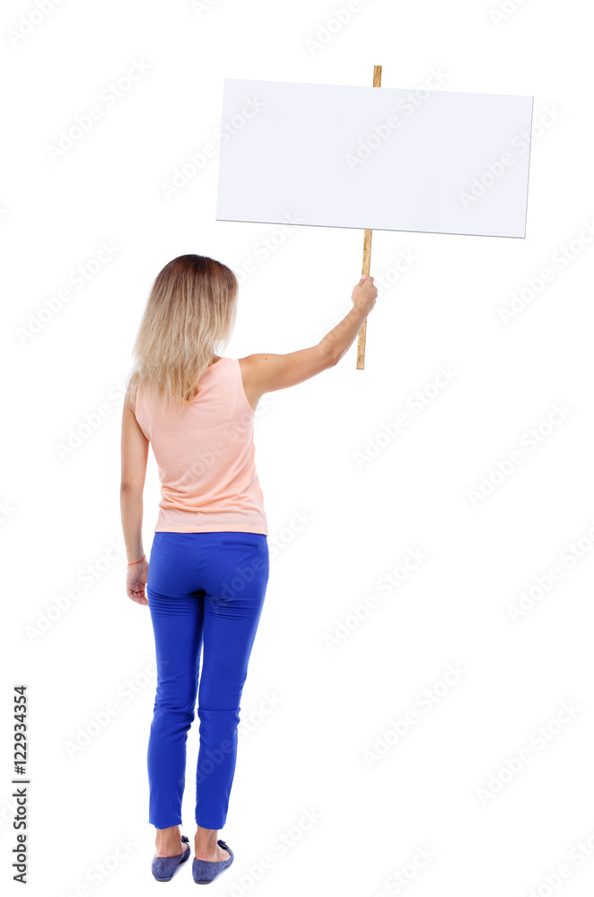 Back view woman showing sign board. man holds information plate. Rear view people collection. backside view of person. Isolated over white background. The blonde in a pink t-shirt holding a poster.
