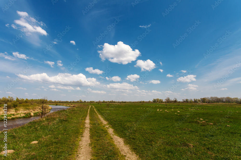 Obraz premium Blue cloudy sky over green meadow, Poland