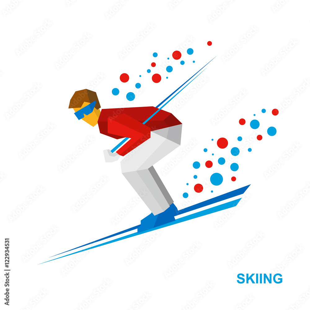 Winter sports - Skiing. Cartoon skier in blue and yellow running downhill. Flat style vector clip art isolated on white background Winter sports - Skiing. Cartoon skier in blue and yellow running downhill. Flat style vector clip art isolated on white background