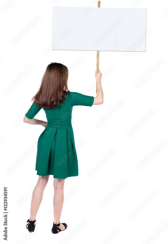 Back view woman showing sign board. man holds information plate. Rear view people collection. backside view of person. Isolated over white background. girl in a striped shirt holding a poster.
Back view woman showing sign board. man holds information plate. Rear view people collection. backside view of person. Isolated over white background. girl in a striped shirt holding a poster.